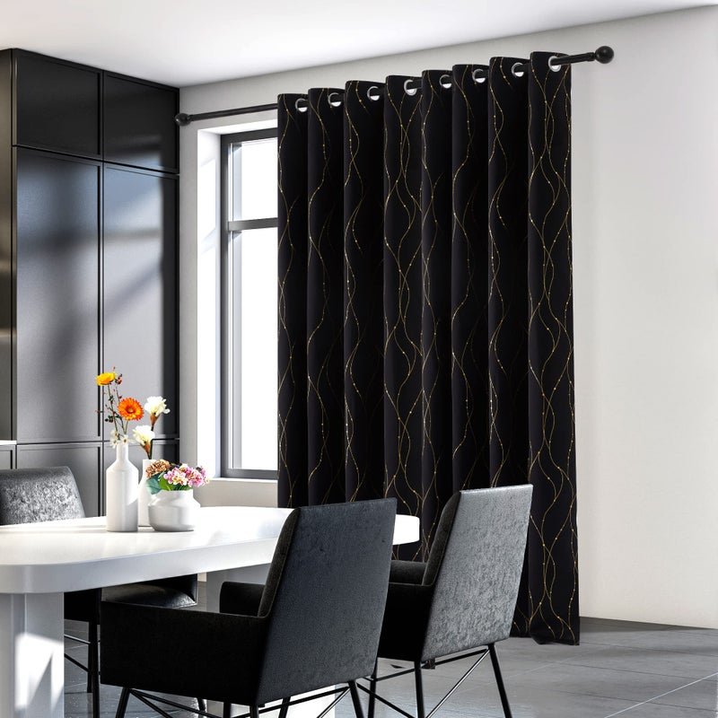 Deconovo Blackout Curtains 2 Panels for Bedroom and Living Room, Gold Foil Wave Lines and Dots, Thermal Insulated Room Darkening Grommet Window Drapes for Nursery and Kids Room, Black, 52W x 84L Inch - Image 3